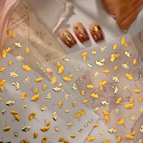 3D Relief Ginkgo Leaf Nail Stickers Gold Foil Autumn Fallen Leaves Design Chinese Calligraphy DIY Nail Art Adhesive Decals
