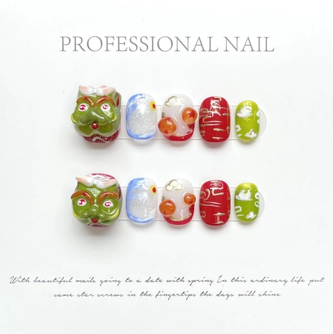 Handmade 3D Chinese Zodiac Press On Nails Cute Cartoon Animal Resin False Nails For Professional Manicure Art Decoration Women