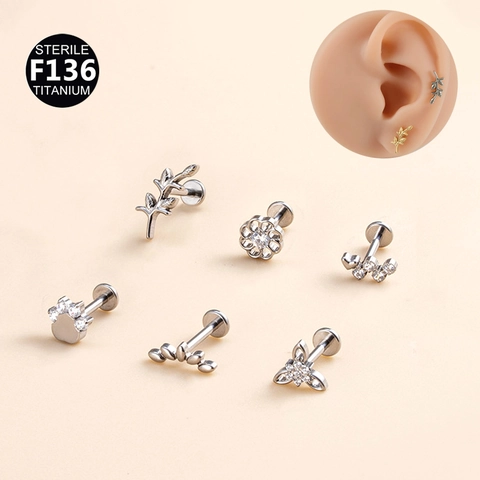 Sterile F136 Titanium Zirconia Piercing Labret Studs Leaf Flower Cat Paw Internal Thread Lip Ear Cartilage Piercing Jewelry