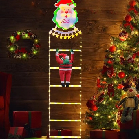 Santa Claus Climbing Ladder LED Lights Waterproof Hanging Christmas Decoration Outdoor Garden Fairy String Light Holiday Ornament