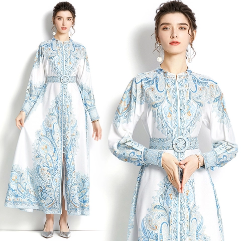 Women Elegant Paisley Print Maxi Dress Stand Collar Long Sleeve Button Down With Belt Vintage Polyester