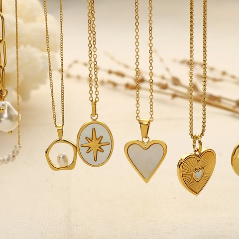 Stainless Steel Heart Necklace 18K Gold Plated Mother Of Artificial Pearl Shell Artificial Baroque Pearl Starburst Pendant Chain For Women
