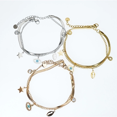 Pulsera Con Dije De Ojo Turco Estrella Concha Circón Acero De Titanio Doble Capa Cadena De Serpiente Joyería Bohemia Para Mujeres