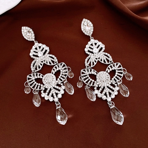Vintage Flower Crystal Pendant Earrings With Silver Earring Post Rhinestone Tassel Luxury Fashion Jewelry For Women