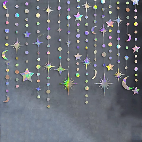 Holografische Iriserende Papieren Ster Maan Stip Hangende Slinger Decoraties Feestartikelen Verjaardag Bruiloft Ornamenten