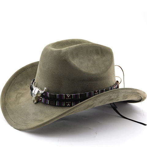 Chapeau De Cow-Boy Western Simili Daim Bande Tissée Ethnique Décor Crâne De Taureau Bord Large Vintage Protection Solaire