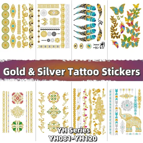 Metallic Temporary Tattoo Stickers Waterproof Gold Silver Bronzing Bohemian Mandala Butterfly Feather Retro Body Art Decor