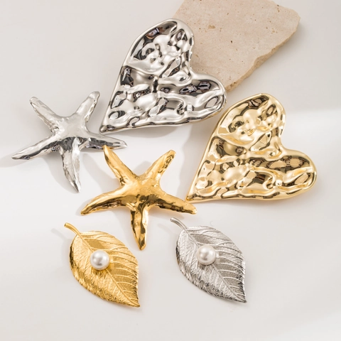 Vintage Stainless Steel Hammered Heart Starfish Leaf Brooch Pin With Artificial Pearl Gold Silver Metallic Jewelry Accessory