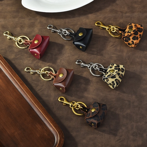 Vintage Mode Mini Leder Tasche Schlüsselanhänger Für Damen Kopfhörer Aufbewahrung Tasche Anhänger Leopardenmuster Schlüsselring