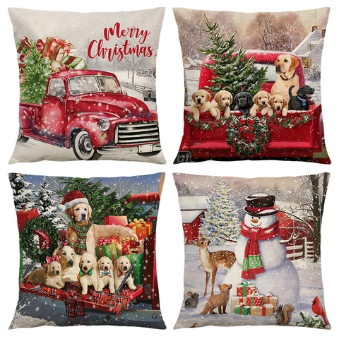 Christmas Pillow Case Decorative Linen Cushion Cover Red Truck Xmas Tree Snow Scene For Sofa Home Holiday Decor