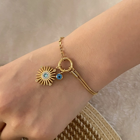 Evil Eye Sunburst Double Layer Necklace Stainless Steel Gold Plated Enamel Rhinestone Pendant Jewelry For Women