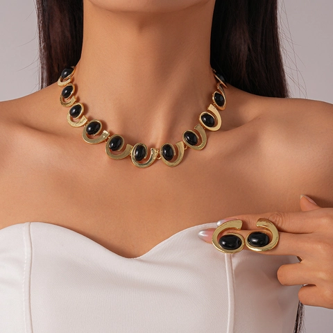 Collana E Orecchini Geometrici Ovali Vintage Lega Oro Con Resina Nera Per Donna Stile Retro Elegante