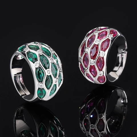 Luxurious Alloy Zirconia Open Ring For Women Marquise Cut Green Red Stone Inlaid Adjustable Statement Finger Ring Fashion Jewelry