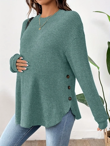 Maternity Rib Knit Top Long Sleeve Round Neck Casual Warm Loose Pullover With Side Buttons For Pregnant Women