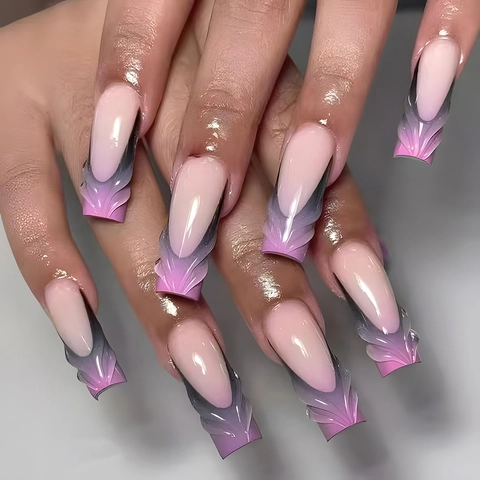 Press On Nails Long Coffin Shape Gradient Pink Gray High Gloss Three Dimensional Wave Relief Style Wearable False Nails For Women
