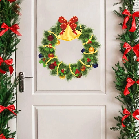 Christmas Wreath Wall Stickers PVC Self Adhesive Removable Festive Snowflake Bell Bow Window Door Home Decor