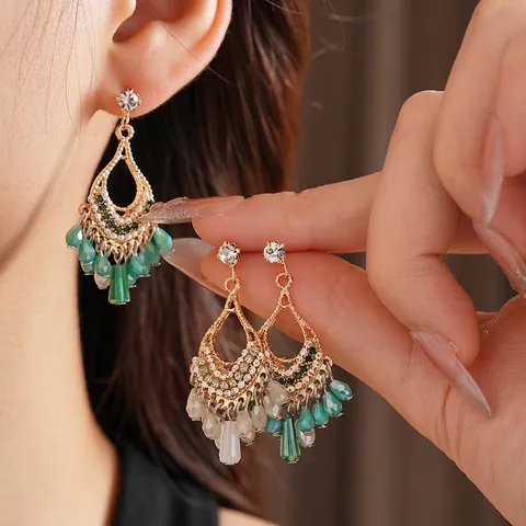 Boucles D'oreilles Bohèmes À Franges Alliage Strass Perles De Verre Style Ethnique Bijoux Avec Tige En Argent Pour Femmes