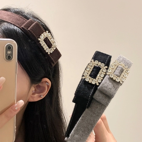 Elegantes Beflocktes Samt Stirnband Breites Gepolstertes Haarband Rechteckige Strass Schnalle Französisch Vintage Damen Haarschmuck