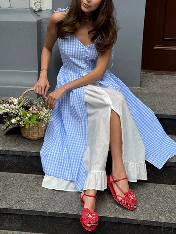 Maxi Gingham Dress Polyester Fake Two Piece V Neck Single Breasted Sleeveless Ruffle Hem Patchwork Summer Beach Vacation