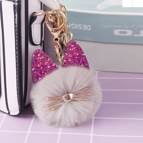 Porte-clés Pompon Chat En Fausse Fourrure Boule Peluche Pendentif De Sac Avec Oreilles Pailletées Et Moustaches En Alliage