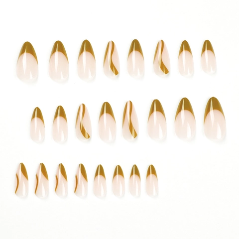 Kunstnagels Lange Amandelvorm Franse Stijl Golvende Lijnen Nude Roze Olijfgroen Glanzend Voor Vrouwen