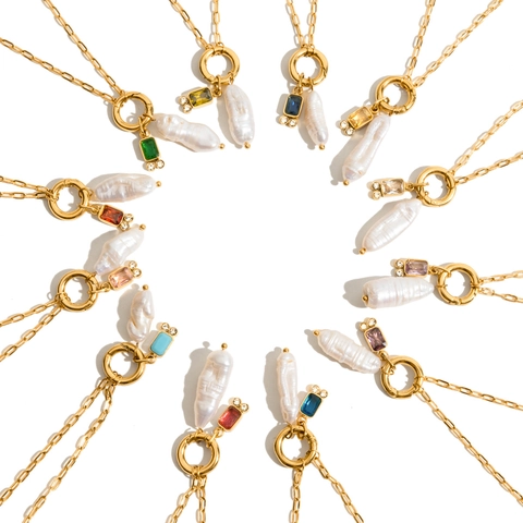 18K Vergoldet Edelstahl Barock Süßwasserperle Farbiger Edelstein Anhänger Halskette Vintage Luxus Geburtsstein Schmuck Geschenk Damen