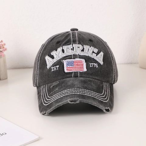 Berretto da Baseball in Cotone Lavato Logorato Vintage Bandiera Americana Ricamata Regolabile per Esterno Uomo Donna