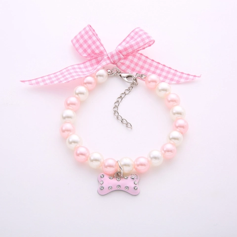 Collana per Animali Domestici Stile Principessa Perle Artificiali Con Fiocco Ciondolo a Osso in Lega Regolabile Gioielli per Cuccioli e Gatti