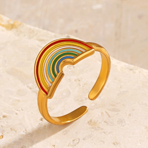 Rainbow Enamel Adjustable Open Ring Stainless Steel Vacuum Gold Plated Boho Fashion Trendy Jewelry For Women