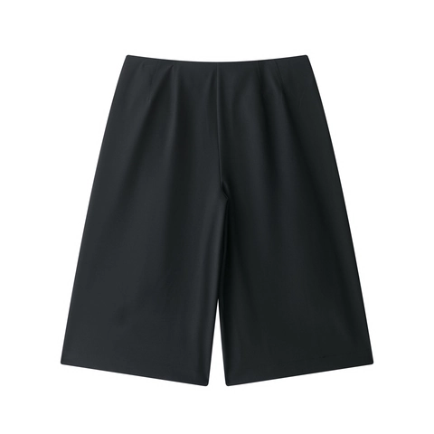 Women High Waisted Bermuda Shorts Wide Leg Casual Loose Mid Length Culottes With Pockets Solid Polyester Fabric