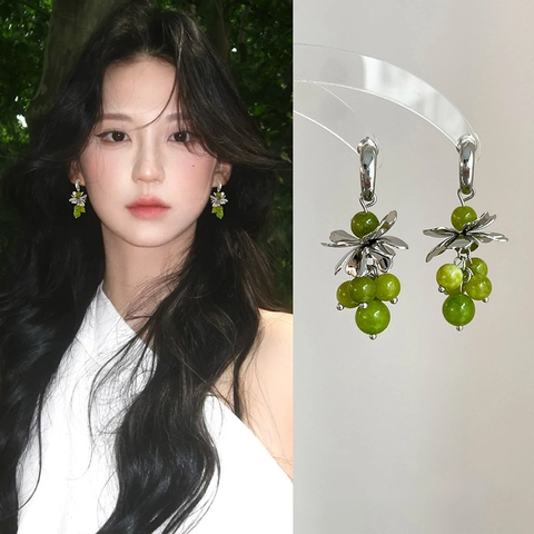 Pendientes Colgantes De Racimo De Uvas Verdes Con Flor Cobre Cristal Y Poste De Plata De Ley 925 Para Mujeres
