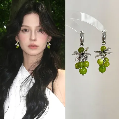 Green Grape Cluster Drop Earrings With Flower Copper Artificial Crystal And 925 Sterling Silver Earring Post For Women