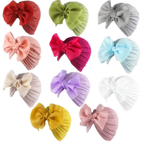 Baby Turban Hat Ribbed Knit Headwrap With Large Chiffon Bow Soft Elastic Headband For Newborn Infant Toddler Girls