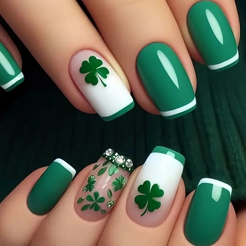 St Patrick's Day Press On Nails Green Clover Pattern French Tip Rhinestone ABS Artificial Fake Nails Women