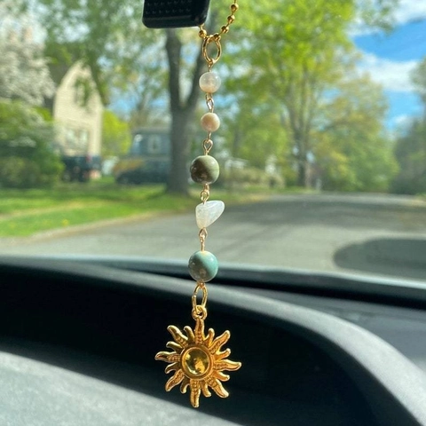 Sonne Anhänger Auto Hängende Dekoration Mit Kristallperlen Und Naturstein Rückspiegel Dekor Böhmischen Goldton