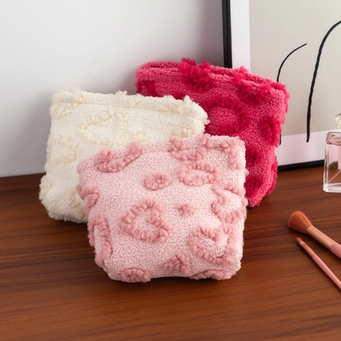 Neceser De Maquillaje De Felpa Con Patrón De Corazón Organizador Cosmético Portátil Cremallera Monedero Viaje Mujeres