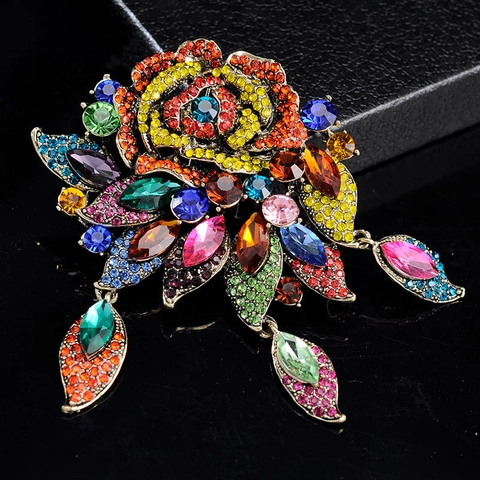 Vintage Baroque Flower Brooch For Women Alloy Colorful Rhinestone Large Luxury Corsage Party Jewelry Accessory