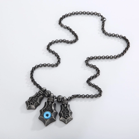 Men Pendant Necklace Stainless Steel Blue Evil Eye Shield Gothic Punk Vintage Hammered Jewelry