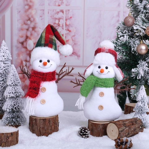 Christmas Snowman Doll Ornament Plush Polyester Fabric Plaid Hat Wood Buttons Sitting Position Holiday Home Decor
