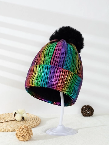 Women's Metallic Foil Knit Beanie Hat With Artificial Fur Pompom Warm Winter Cuffed Beanie Gold Silver Striped Beanie Accessory