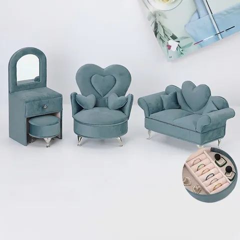 Miniature Furniture Jewelry Box Dutch Velvet Sofa Shape Jewelry Organizer Desktop Storage Case Heart Design For Earrings