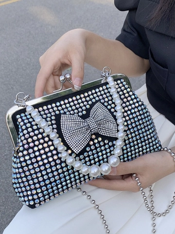 Bolso De Noche Para Mujer Clutch Con Diamantes De Imitación Diseño De Lazo Elegante Asa De Perlas Artificiales Y Cadena