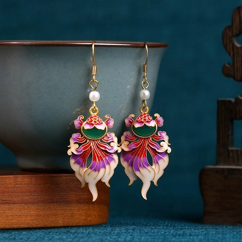Retro National Tide Carp Drop Earrings With 925 Sterling Silver Earring Post Gold Plated Brass Enamel Koi Fish Earrings With Artificial Pearl Resin Jewelry For Women