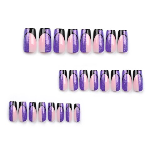 Unghie Finte Press On Viola Glitter Punta French Nera Forma Quadrata Lunga Plastica Per Donna