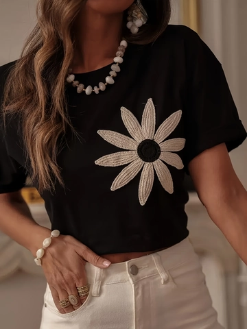 T-Shirt Femme À Manches Courtes Et Col Rond Avec Grande Applique Fleurie Au Crochet Style Décontracté Et Décontracté Top