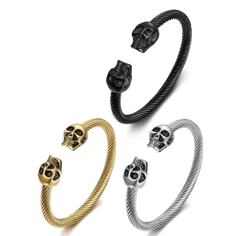 Bracciale Rigido Con Teschi Retrò Acciaio Inossidabile Filo Di Cavo Intrecciato Per Uomo Donna Gioielli Punk Gothic