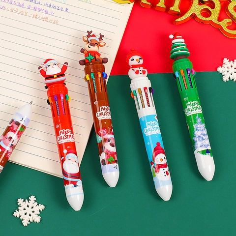 Christmas 10-Color Ballpoint Pen With 3D Cartoon Topper Santa Snowman Reindeer Plastic Multi-Color Retractable Stationery Gift