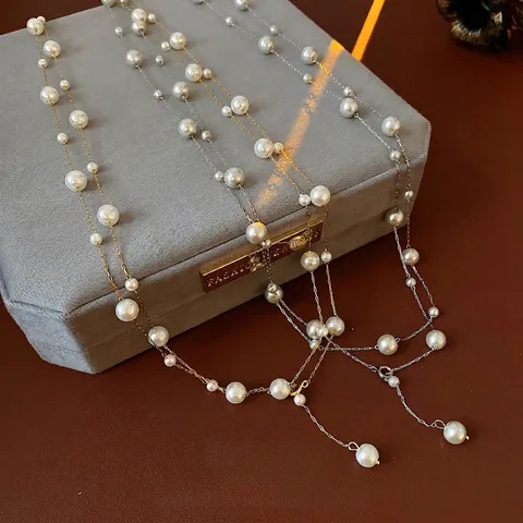 Collier Long Double Rang Vintage Français Fausse Künstliche Perle Acier Inoxydable Alliage Chaîne Pull Forme Y Bijoux Unique Femme