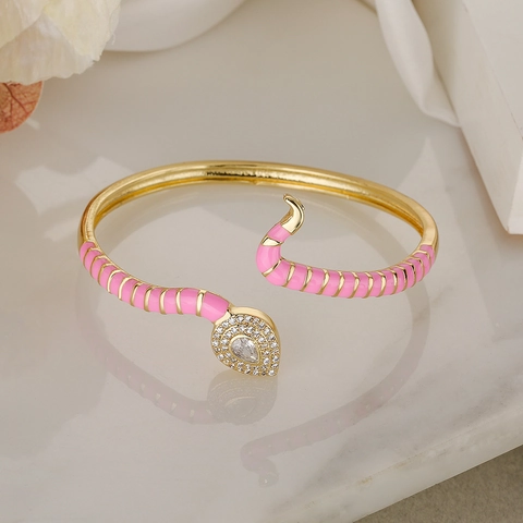 Snake Open Bangle Bracelet Brass Colorful Enamel Zircon Paved Bohemian Trendy Individual Style Fashion Jewelry Women