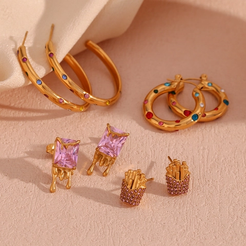 Stainless Steel Gold Plated Multi Color Rhinestone Hoop Earrings For Women Fashion Geometric Molten Stud Jewelry Gift